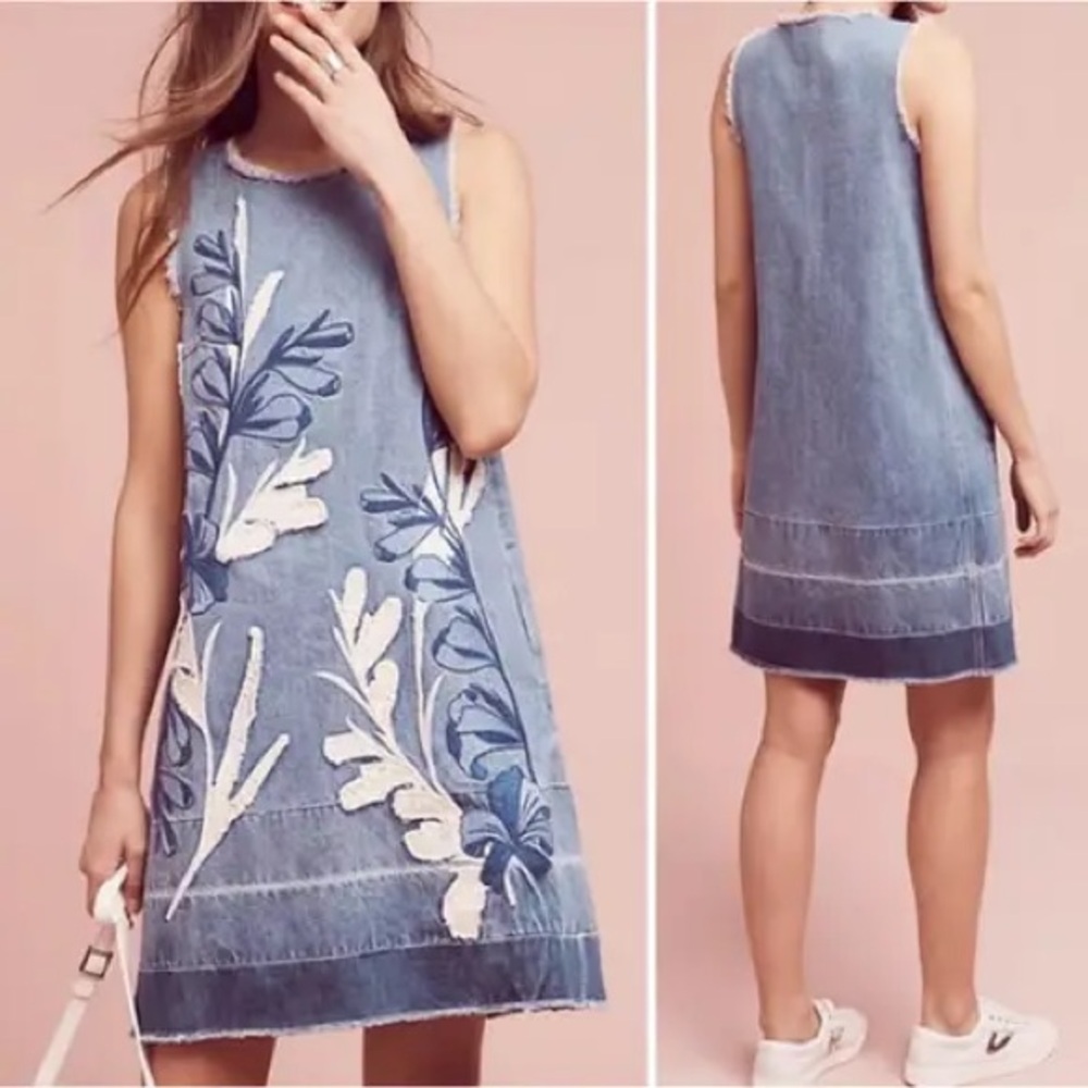 Anthropologie Blue Floral Denim Dress size‎ XS